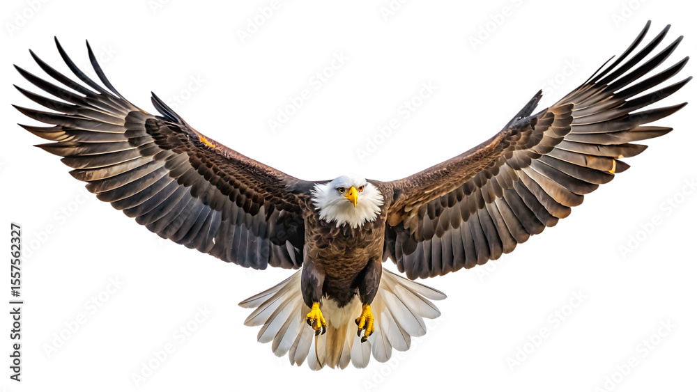 Obraz premium Bald eagle with spread wings flying against a black background bird soaring