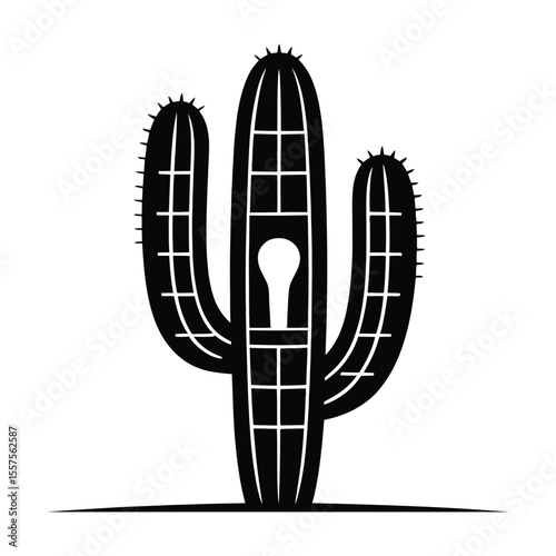 Desert Solar Cactus Lamp Silhouette, Vector, Illustration, Outline, Line Art, Icon, Logo, White Background.