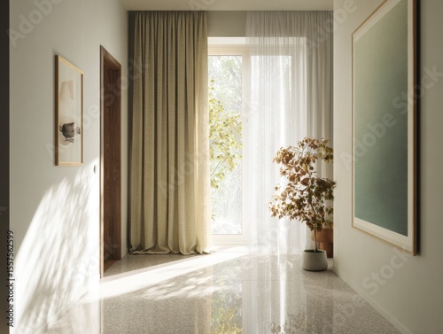 A hallway with a white curtain and a plant in a pot. There is a picture on the wall