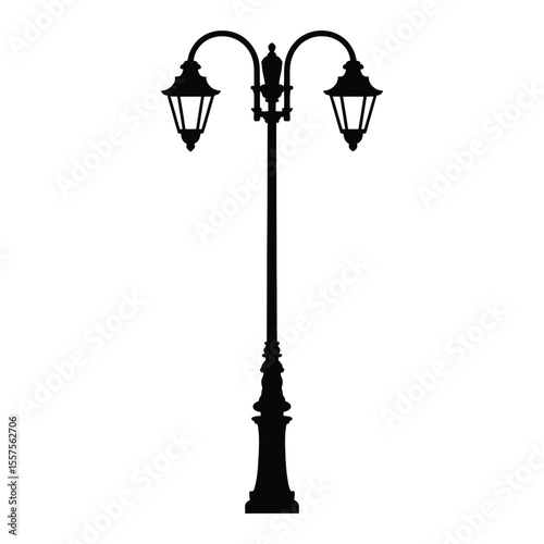 Double-Arm Boulevard Street Lamp Silhouette, Vector, Illustration, Outline, Line Art, Icon, Logo, White Background.
