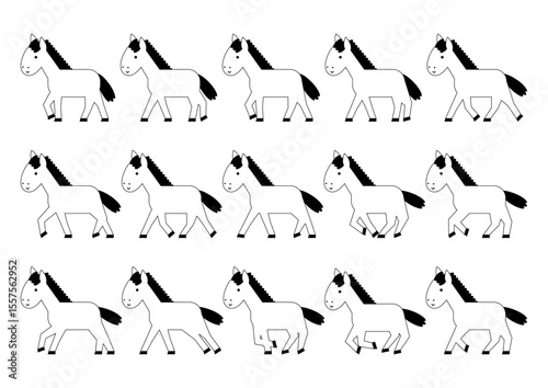 歩く馬と走る馬のイラストセット（白黒）