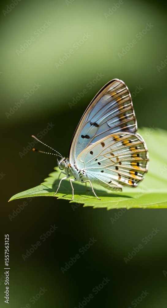 Obraz premium A delicate butterfly with iridescent pale blue and orange markings resting on a vibrant green leaf. Macro photography capturing the intricate details of this beautiful insect in its natural habitat.