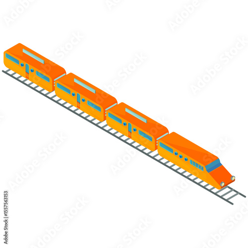 Isometric view of an orange passenger train with multiple cars on a track, angled perspective view