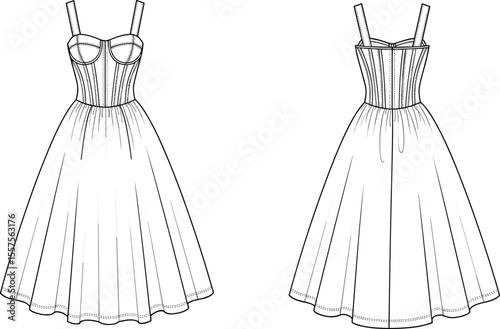 Vintage corset dress fashion design, technical sketch, elegant women’s clothing template, fitted bodice, flared skirt, front and back view
