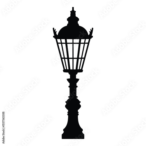 Gas Lamp Replica Street Lamp Silhouette, Vector, Illustration, Outline, Line Art, Icon, Logo, White Background.