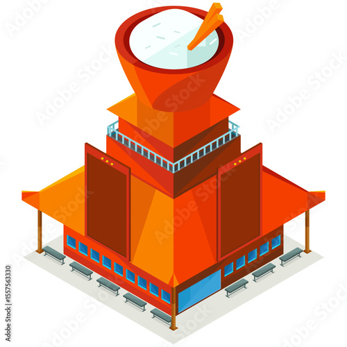 Isometric illustration of a multi tiered orange building with a bowl on top and benches outside