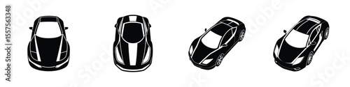 Aerial View of Sleek Sports Car Cornering Flat Silhouette on White Background