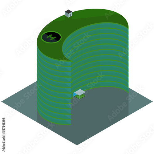 Isometric view of a green cylindrical building with a helipad and a small box on the ground level