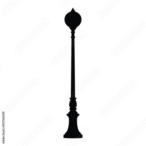 Globe-Topped Park Street Lamp Silhouette, Vector, Illustration, Outline, Line Art, Icon, Logo, White Background.