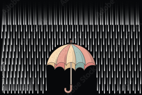 Vector illustration of cute umbrella in the rain, flat pastel cartoon design for kids storybooks, rainy themes, and seamless nursery wallpaper
