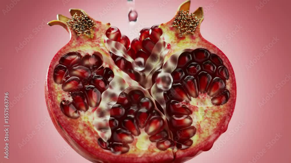 Fresh half pomegranate with seeds splashing in water slow motion.