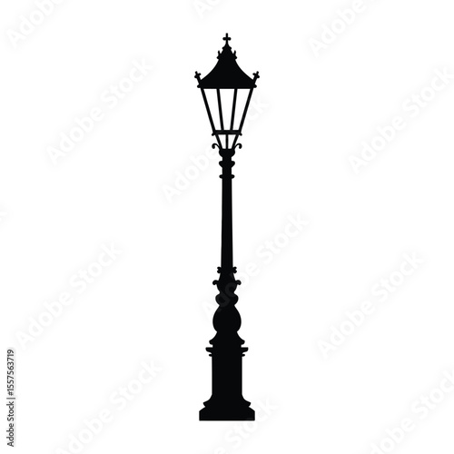 Gothic Revival Cathedral Street Lamp Silhouette, Vector, Illustration, Outline, Line Art, Icon, Logo, White Background.