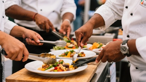 Chefs plating colorful dishes with precision in a professional kitchen setting
