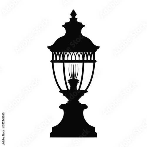 Heritage Gaslight Replica Lamp Silhouette, Vector, Illustration, Outline, Line Art, Icon, Logo, White Background.