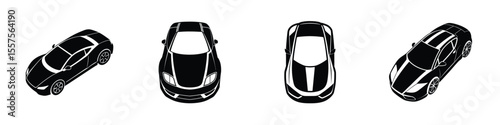 Aerial View of Sleek Sports Car Accelerating Flat Silhouette on White Background