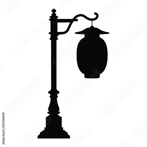 Japanese Toro Lantern Street Lamp Silhouette, Vector, Illustration, Outline, Line Art, Icon, Logo, White Background.