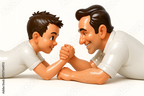 Father Son Bond: Playful 3D Cartoon Caricature Arm Wrestling Challenge