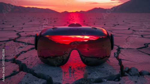 Futuristic sunglasses reflecting a sunset landscape.