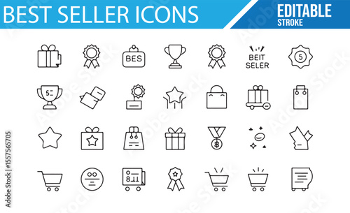 Best Seller Icons Set for Shopping, Promotions, and Top Products - A collection of minimalistic icons depicting best seller products, awards, shopping carts, and promotional symbols for e-commerce and