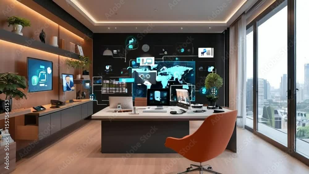 smart home office equipped with IoT devices seamlessly integrated with video conferencing platforms. virtual meeting setup.
