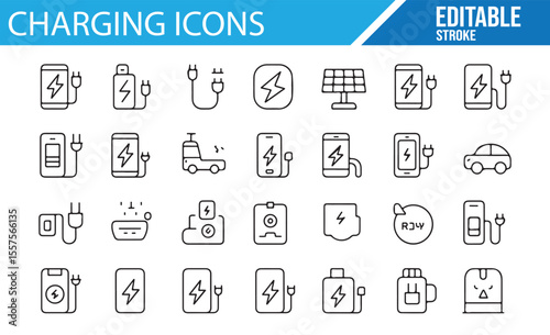 Charging Icons for Electric Vehicles, Solar Energy, and Batteries