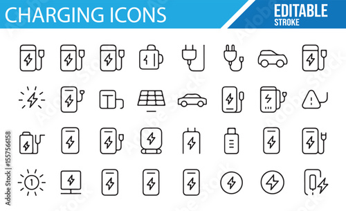 Charging Icons Set for Electric Vehicles, Solar Power, and Battery Charging - A collection of minimalistic icons depicting charging equipment, batteries, solar panels, electric vehicles, and related c