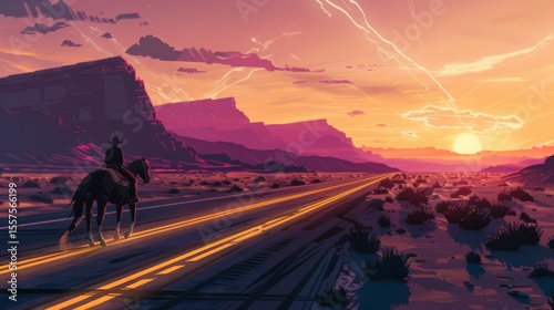Rider on a road at sunset in wilderness.