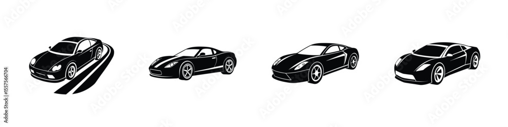 Naklejka premium Minimal illustration of a compact sports car in three-quarter perspective gliding Silhouette on White Background
