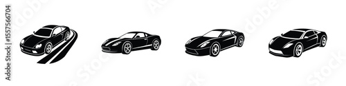 Minimal illustration of a compact sports car in three-quarter perspective gliding Silhouette on White Background
