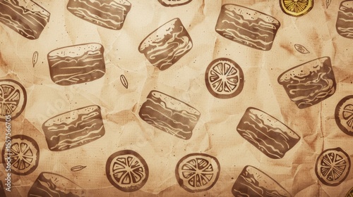 Vintage food pattern with fruits and pastries.