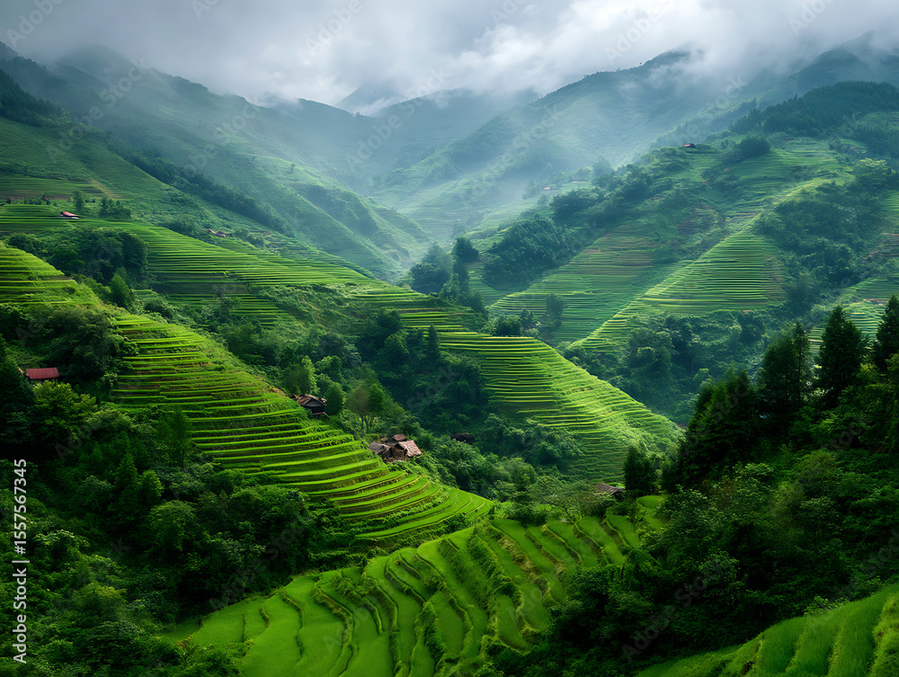 Lush green rice terraces in mountain valley stunning landscape Lush green rice terraces in mountain valley stunning landscape
