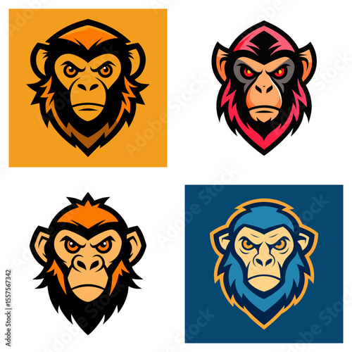 Four square frames showcasing monkey head designs with varying color schemes and expressions of anger