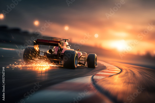 Formula 1 car leaving sparks at sunset on a racetrack
