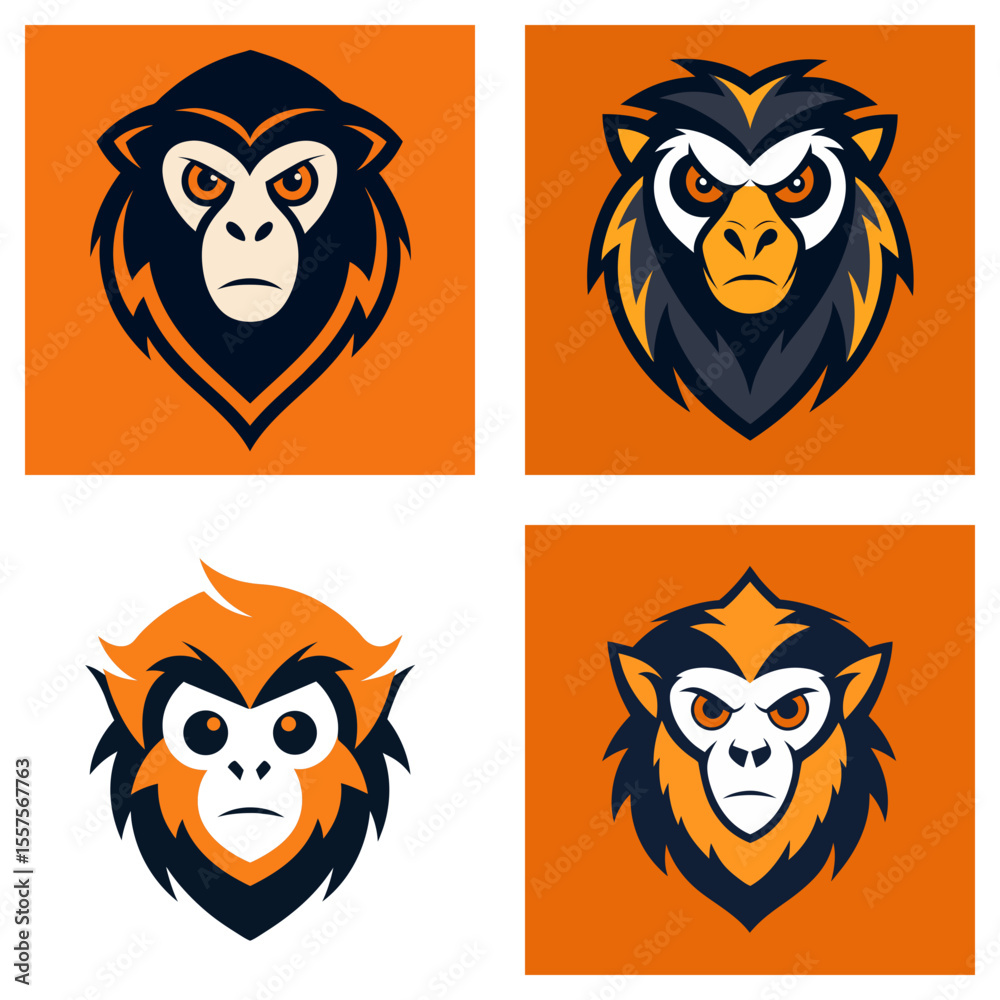 Four stylized monkey heads with orange backgrounds and varied color schemes presented in a grid format