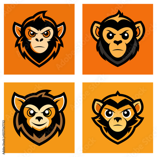 Four square monkey head icons with different expressions on an orange background displayed in a grid