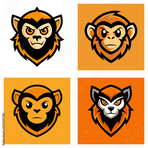 A collection of four monkey mascot logos in orange and black with different expressions shown