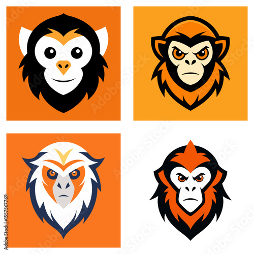 Four square panels displaying stylized monkey faces with varying expressions and color schemes