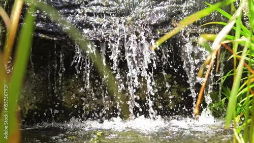 A beautiful waterfall in a garden, surrounded by lush plants