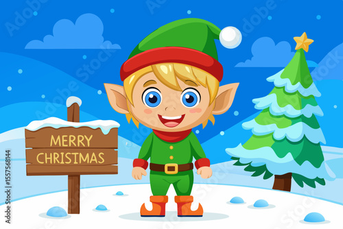 Happy cartoon christmas elf standing in the snow next to a merry christmas sign