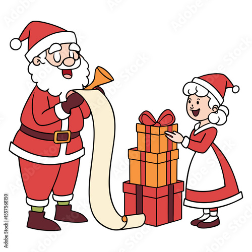 Santa claus and mrs claus with a long list and stack of christmas presents
