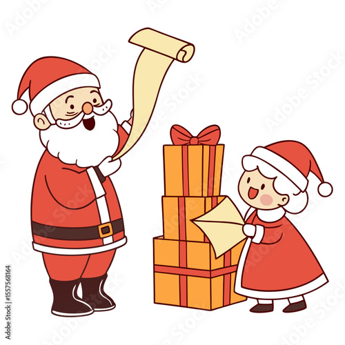Santa claus and mrs claus checking the christmas gift list and letters
