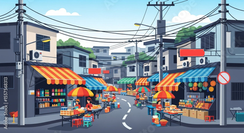 A bustling street market scene in a densely populated Asian city, with colorful stalls and people going about their daily activities.