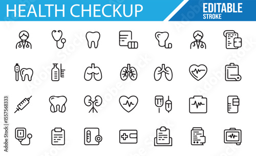 Health Checkup Icon Set for Medical Examination and Patient Care - A collection of minimalistic icons depicting health checkup tools, medical professionals, stethoscopes, injections, and other essenti