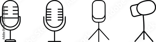 Professional Studio Recording Equipment Icons: Microphones and Lighting Stand Illustrations