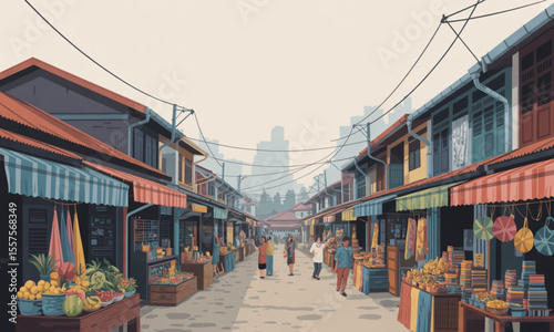 A bustling street market scene with vendors, shoppers, and colorful stalls under a hazy sky.