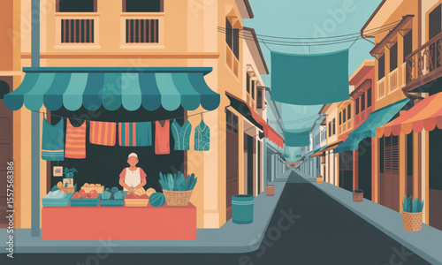 A vibrant illustration of a bustling street market with various shops and vendors.