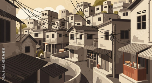 A stylized illustration of a densely populated Asian city street with numerous buildings and narrow alleyways.