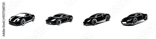 Artistic portrayal of a sleek sports car racing into the distance from front angle Flat Silhouette on White Background