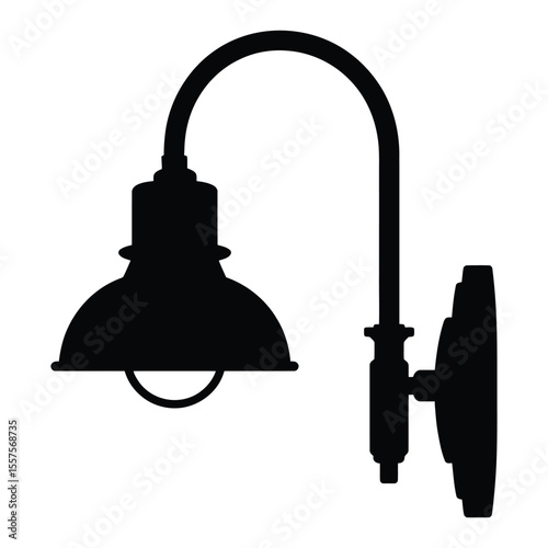 Swan-Neck Wall Mount Lamp Silhouette, Vector, Illustration, Outline, Line Art, Icon, Logo, White Background.
