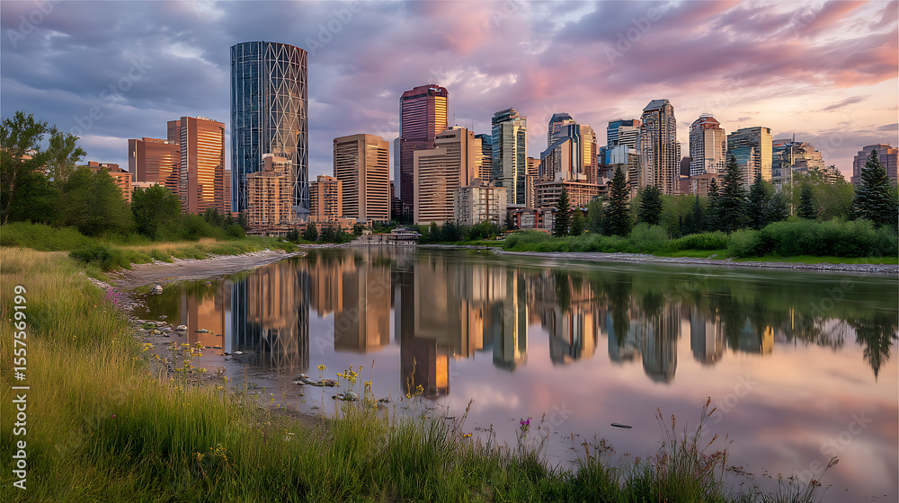 Obraz premium Calgary skyline sunset reflection peaceful riverbank